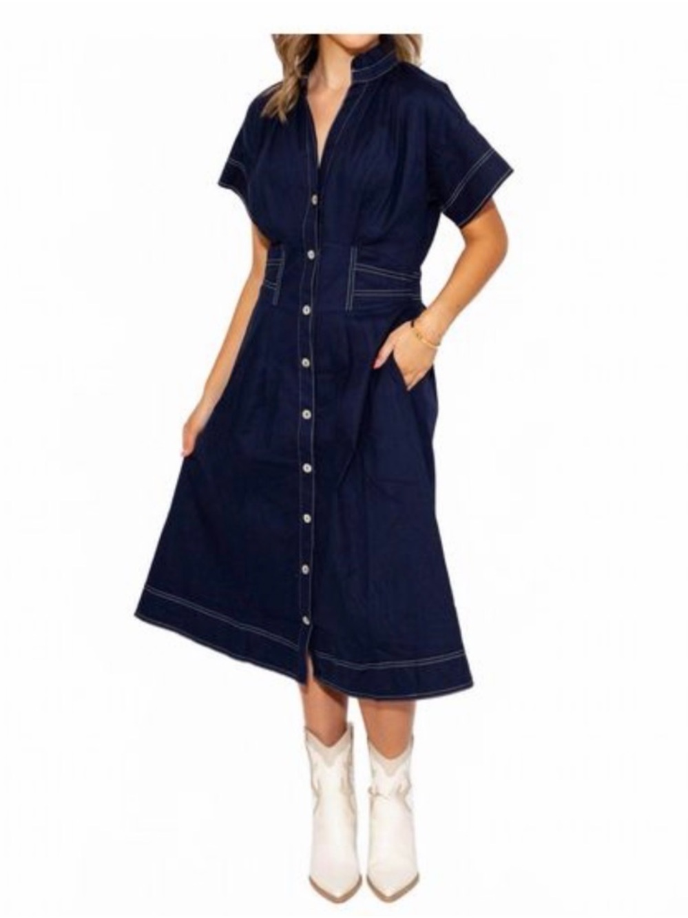 THML Navy Midi Button-Front Dress with Contrast Stitching - Picture 2 of 5